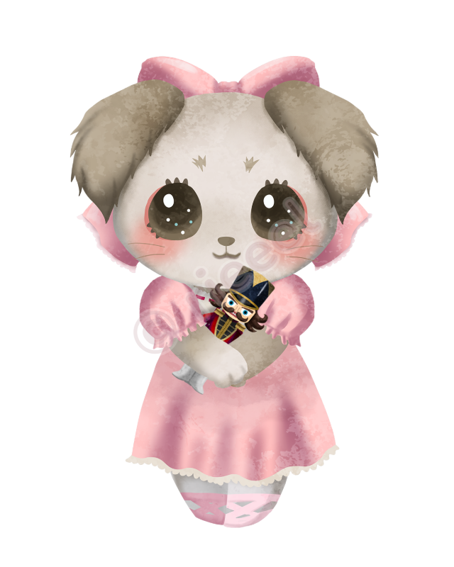 人形を抱いたピンクのドレスのわんこのイラスト